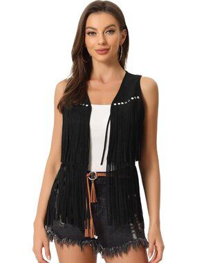 Women's Black Faux Suede Fringe Top Vest Open Front Western Tassel Cardigan